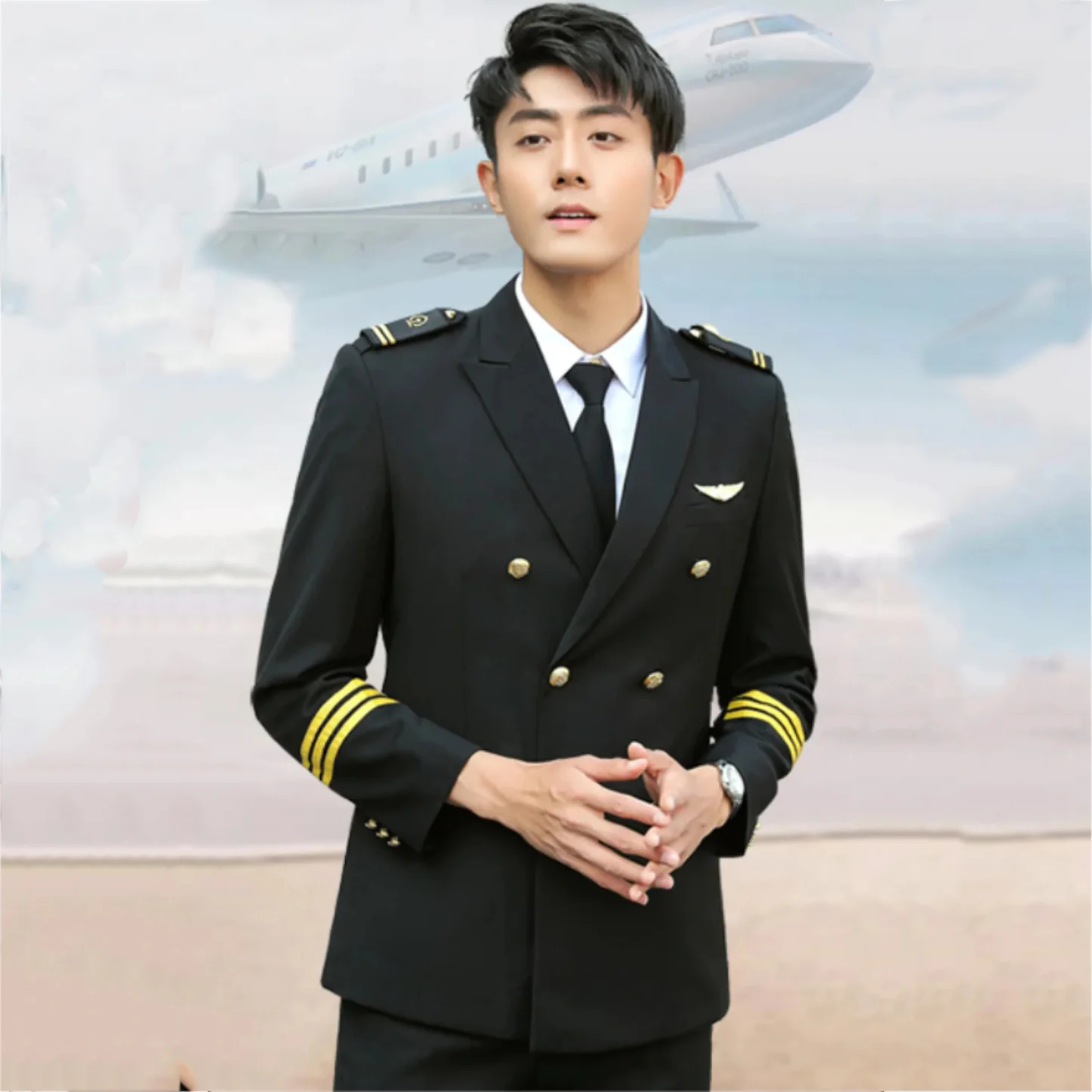 

Men's 3 Lines Airline Pilot Suit Jackets Uniforms Hair Stylist Black Navy Blue Suit Coat Workwear Big Size Male