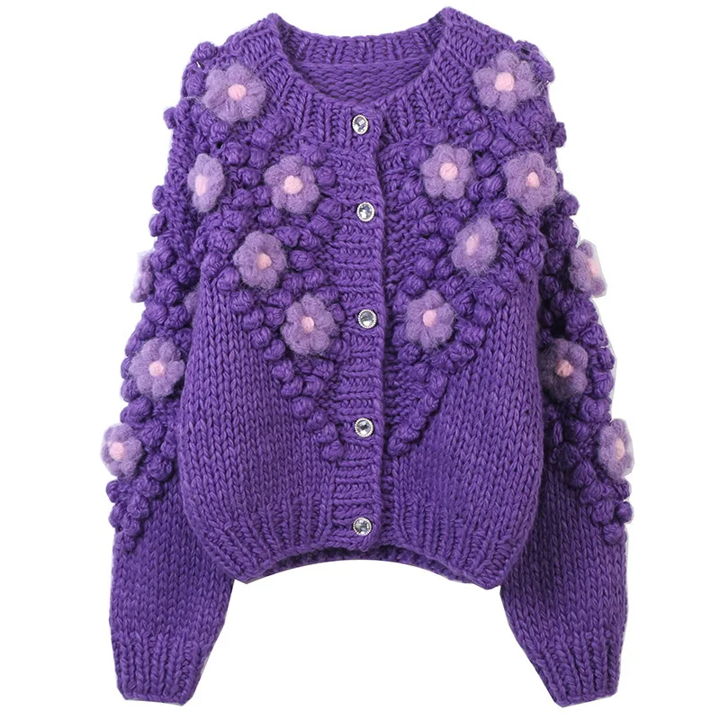 

Gentle autumn and winter new women's floral handmade round neck fashionable long sleeved purple knitted cardigan