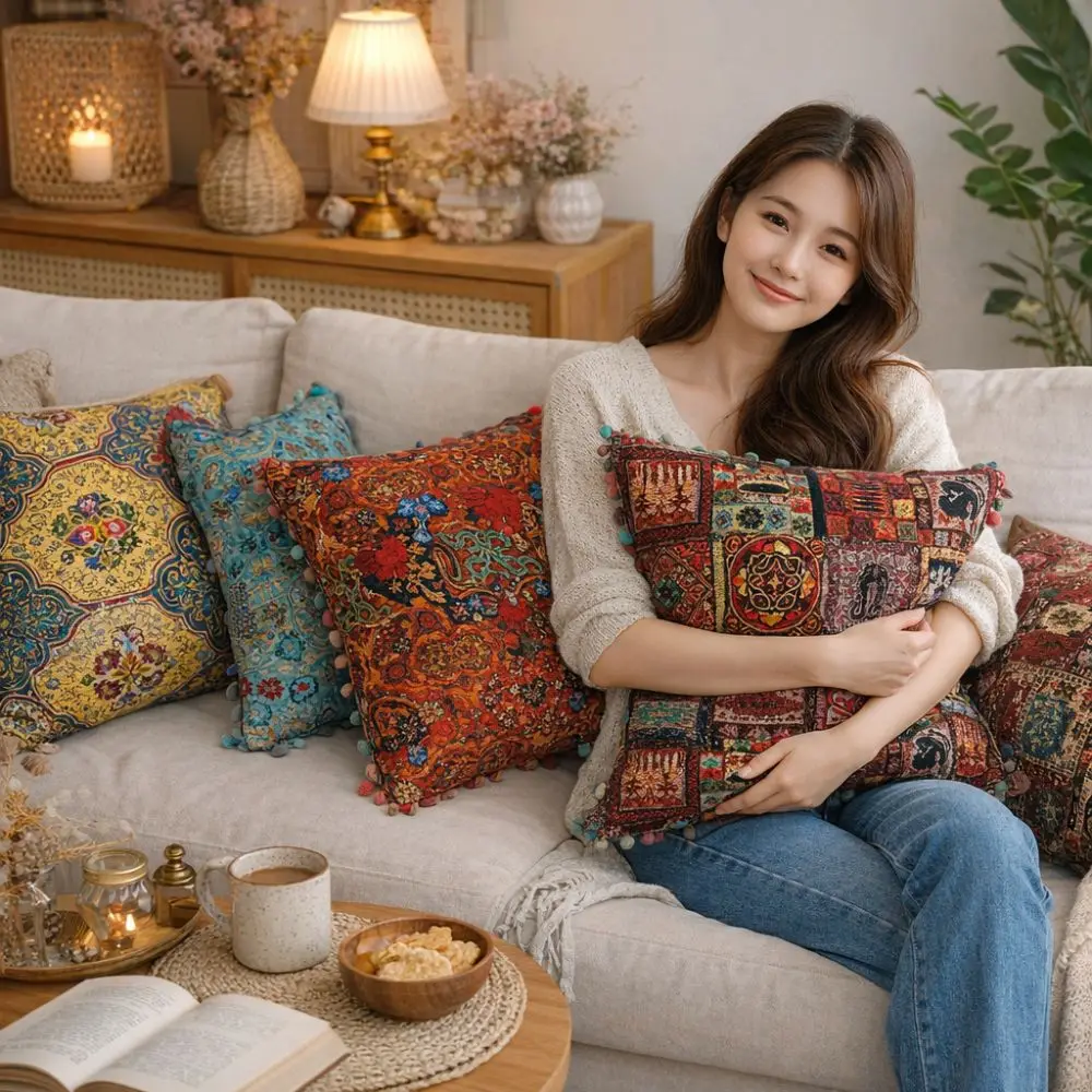 

Ретро-подушка в богемном стиле, супермягкая, с кисточками, для дивана, с декоративным принтом, износостойкая, в этническом стиле