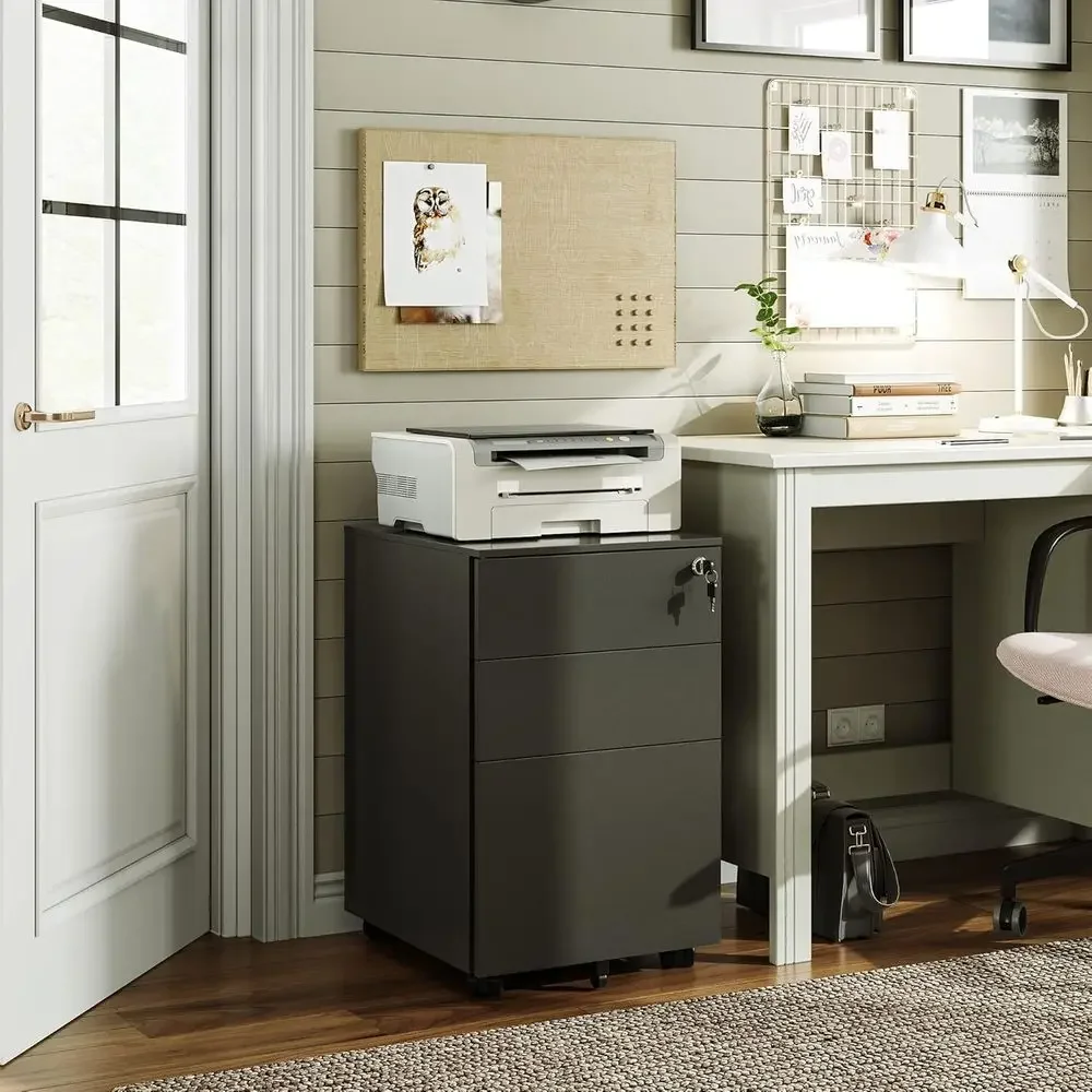 Fully Assembled Metal Filing Cabinet with Lock, Under Desk, Rolling Casters, Black