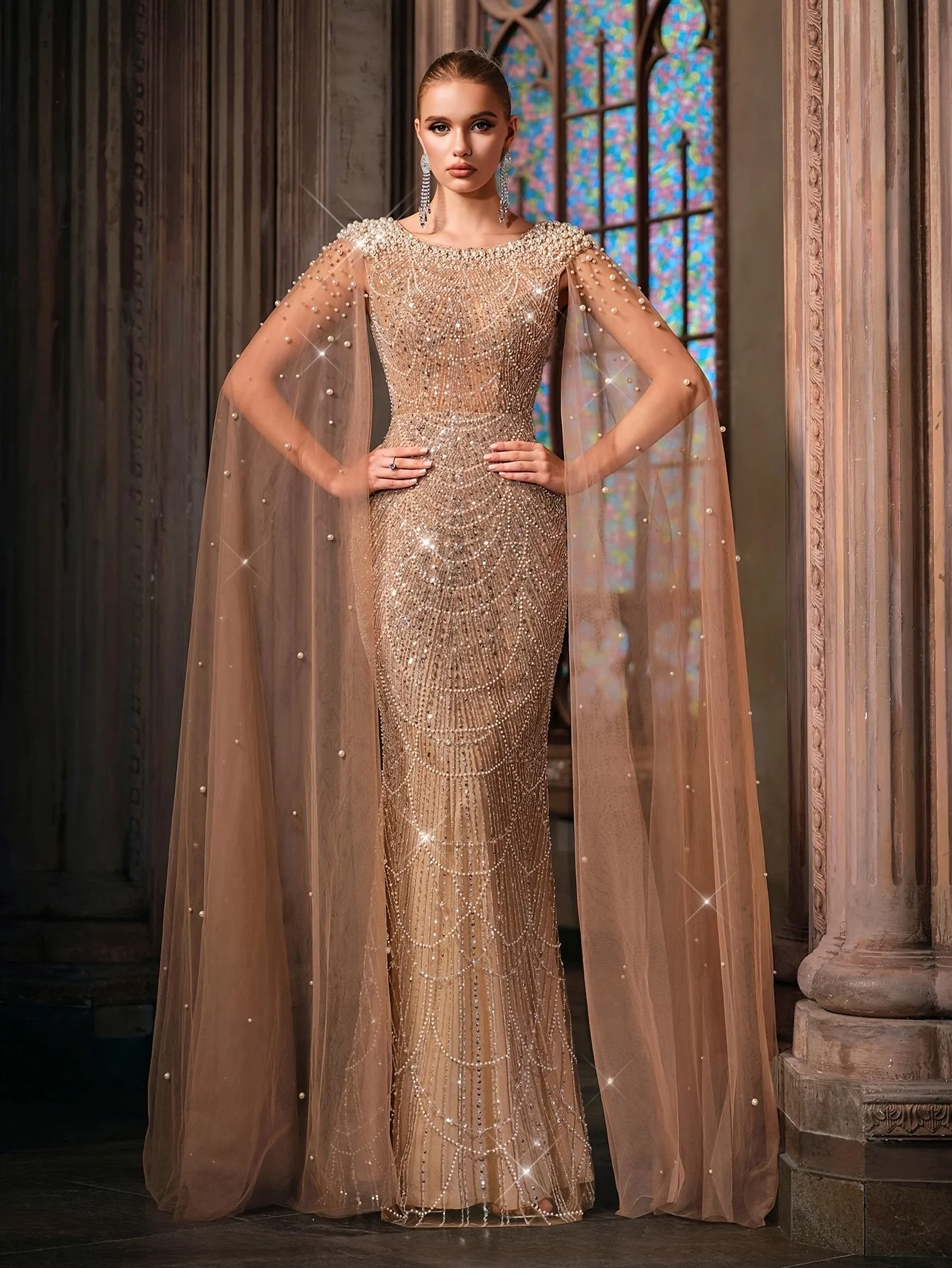 

Elegant Beaded Evening Dress 2025, Women's Champagne Satin Gown with Cape Sleeves & Pearls for Luxury Party Customized