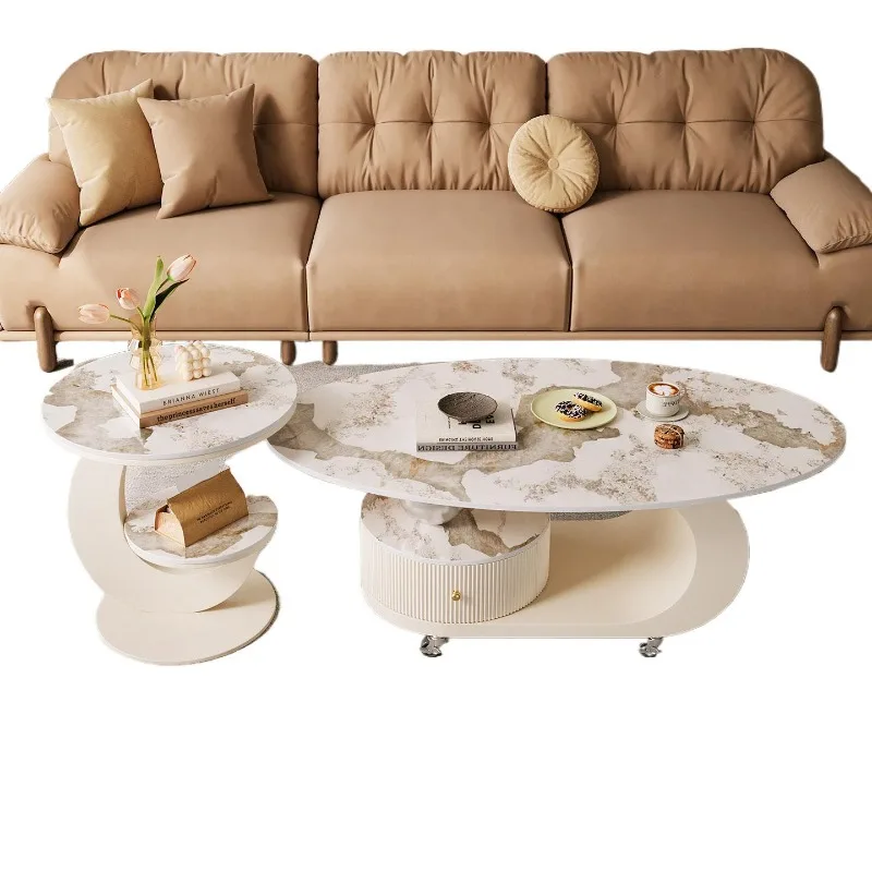 

Cream rock slab coffee table living room household small apartment new mobile with wheels light luxury