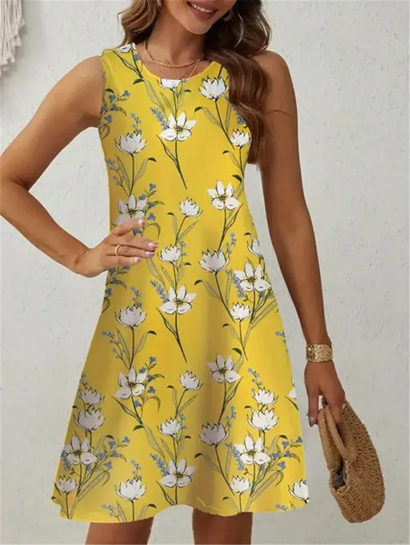 Padrão floral feminino tendência mini vestidos de verão sem mangas 3d flor impressa rua senhoras vestido 3xl plus size vestido casual