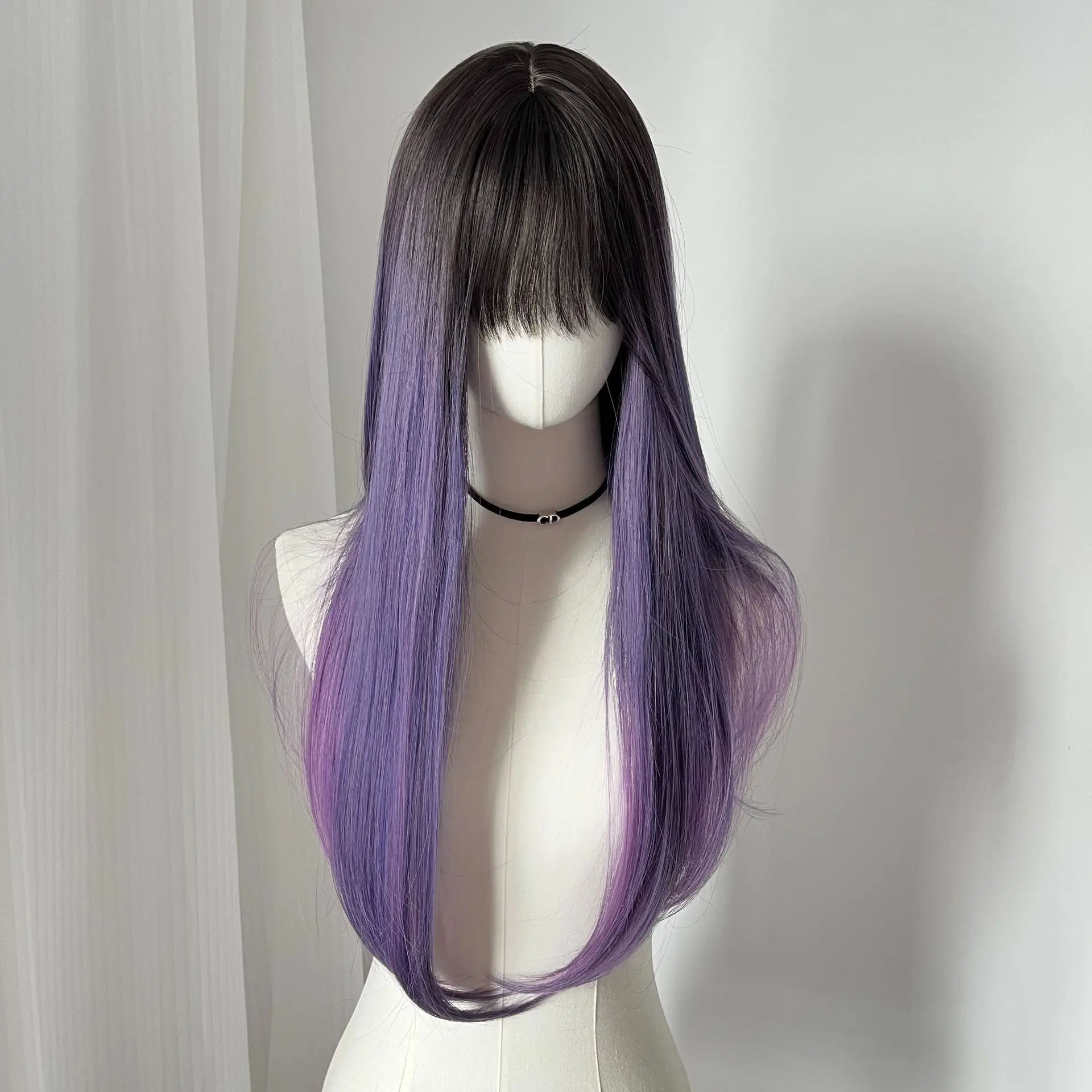 

Wig female long hair Qi bangs long straight hair black gradual change grape purple white atmosphere simulation natural full head