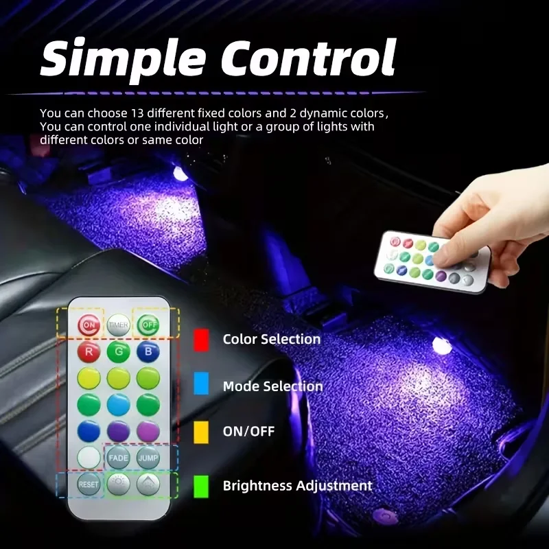 Traceless Paste LED Car Interior Lamp Remote Control Decoration Car Atmosphere Neon Bottom RGB mini Underwater Lamp with Battery