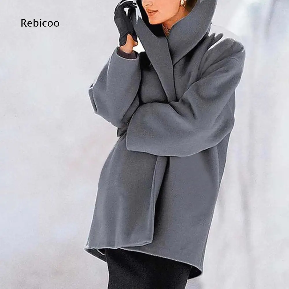 Fall Winter Solid Wool Blend Coat For Women High Wrap Collar Open Front Loose Short Outerwear With Relaxed Long Sleeve Cut