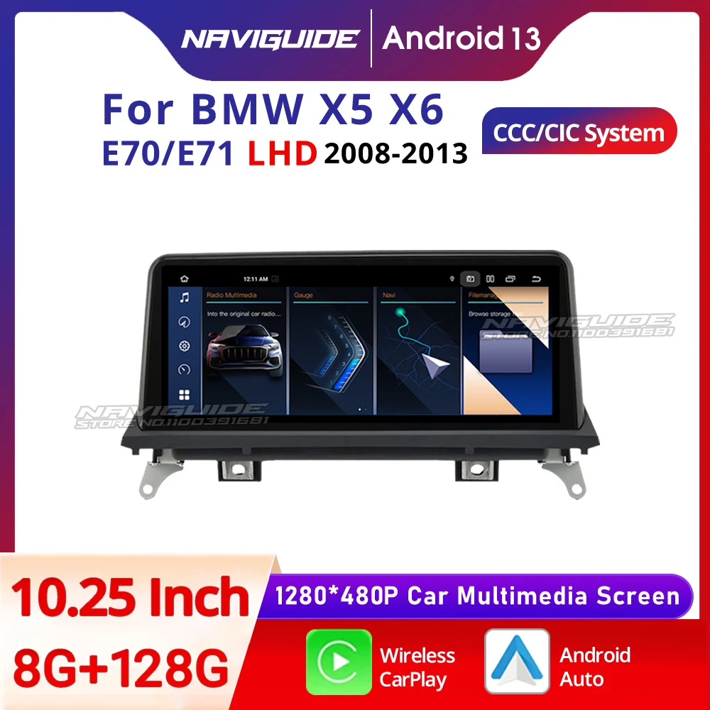 NAVIGUIDE 10.25 Inch Android 13 For BMW X5 E70 X6 E71 LHD 2008-2013 CCC CIC System LHD Car Radio Carplay Auto Multimedia Player