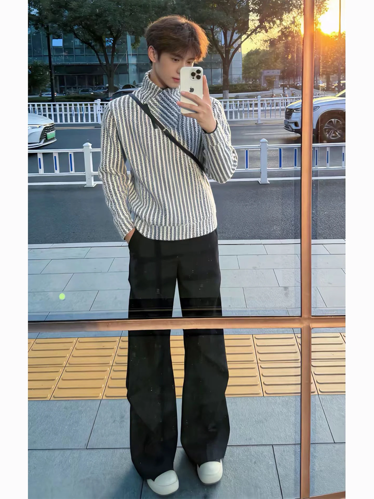 

Youthful Fishbone Pattern Diagonal Zipper Hoodie Men's Long Sleeve Base Shirt American Decomposition Spring Autumn Comfortable