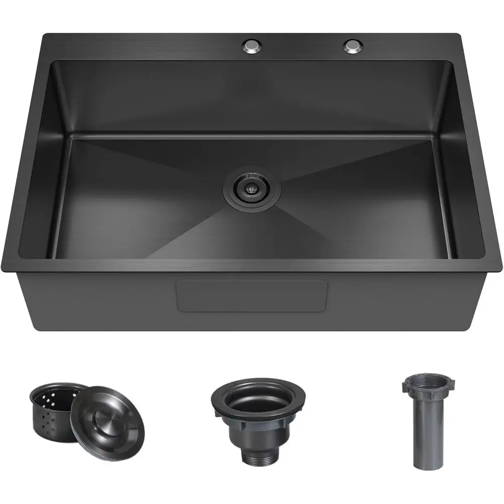 

33x22x9 Inch Drop In Deep Single Bowl Kitchen Sink (Topmount), 16 Gauge Stainless Steel Black Handmade Sink
