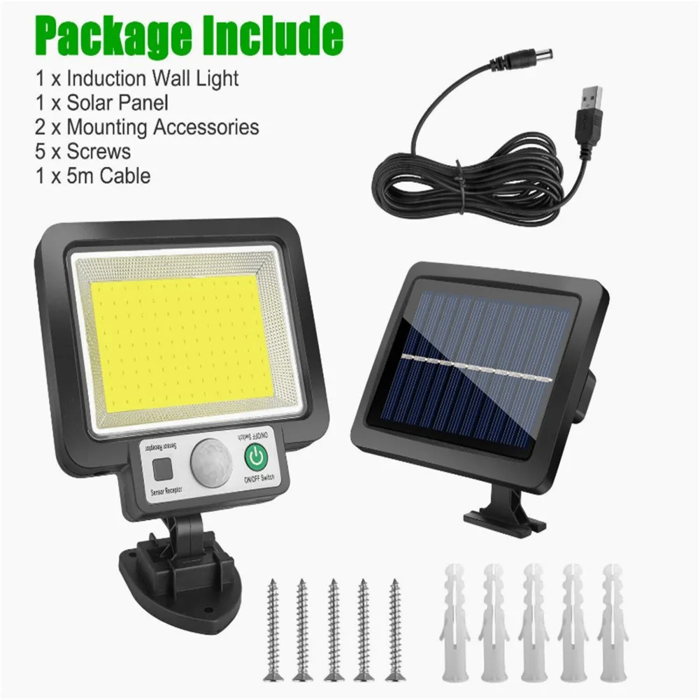 117COB Outdoor Solar Powered Wall Lights, IP65 impermeável, 3 modos, lâmpada para jardim, varanda, pátio, quintal