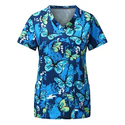 Ladies Nurse Uniform Short Sleeve V-neck Workwear Flower Print Working Uniform Woman Casual Medical Clinic Nursing Blouse Shirts