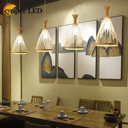 Japanese Chandelier Natural Bamboo Rattan LED E27 Lighting Lampshade Pendant Lights Handmade Weaving Hanging Lamps Wicker Shades
