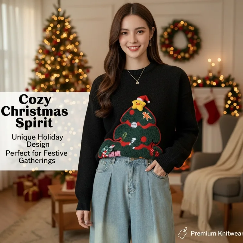 

Christmas Halloween Sweater Girl Red Lazy Pullover Autumn Winter Casual Knitwear Versatile Round Neck Warm Jumper Holiday Outfit