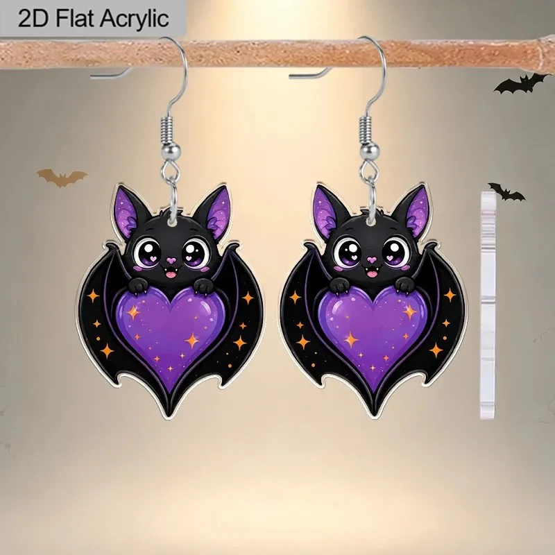 2D Flat Cartoon Acrylic Earrings Bat Embracing Purple Heart Fun Halloween Party Earrings Decoration Accessories Fashion Pendant