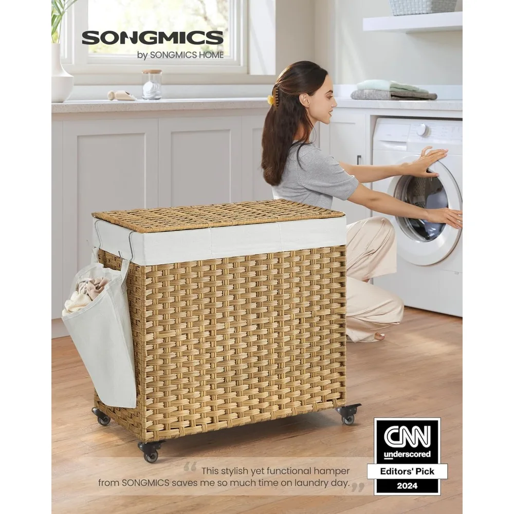 42.3 Gallons (160 L), Rolling Laundry Basket with Wheels, 3-Section Synthetic Rattan, Removable Liner, Bedroom, Laundry Baskets