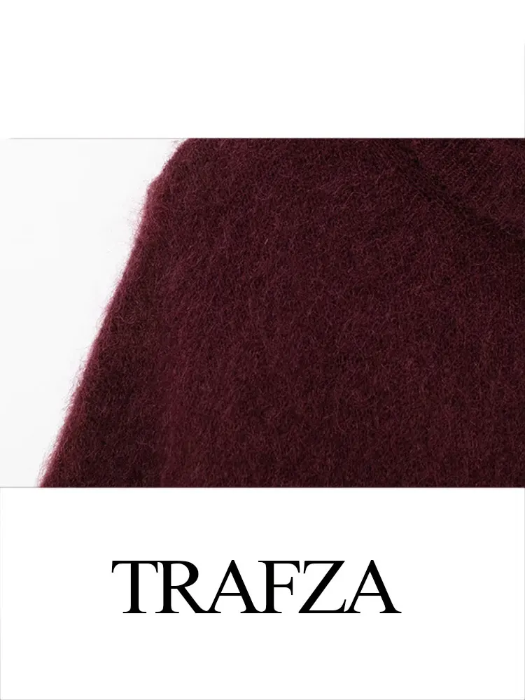 TRAFZA Women\'s Retro Burgundy Loose Pullover 2024 Elegant Women\'s Fashion Oversized Mohair Autumn Blended Pullover Street Wear