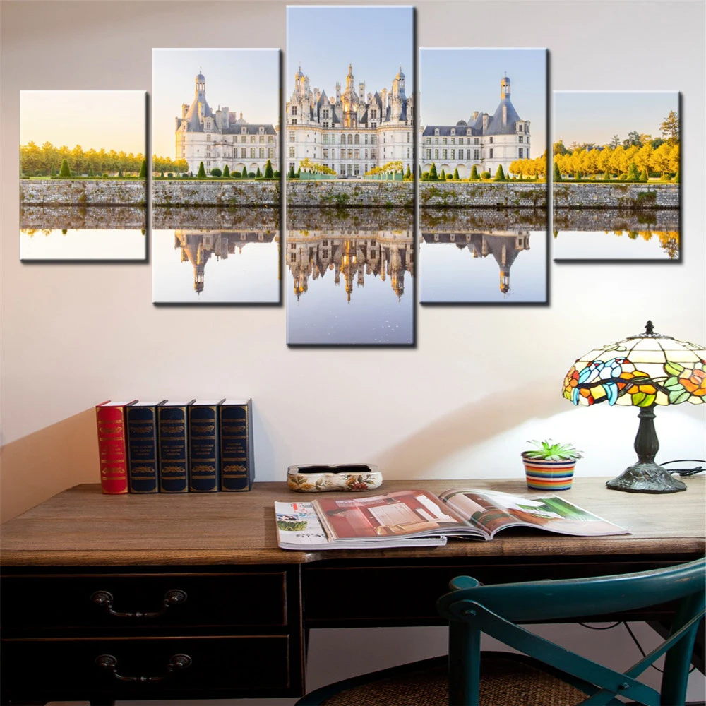 

5 Pieces Canvas Wall Arts Poster Painting World Chambord Castle France Wallpaper Home Decor Picture Printing For Living Room Art