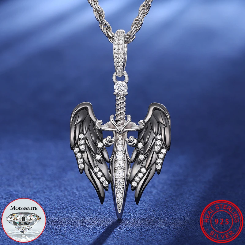 

New Original S925 Sterling Silver Angel Wings Sword Pendant Necklace Real Moissanite Custom Chain for Men Women Charm Jewelry