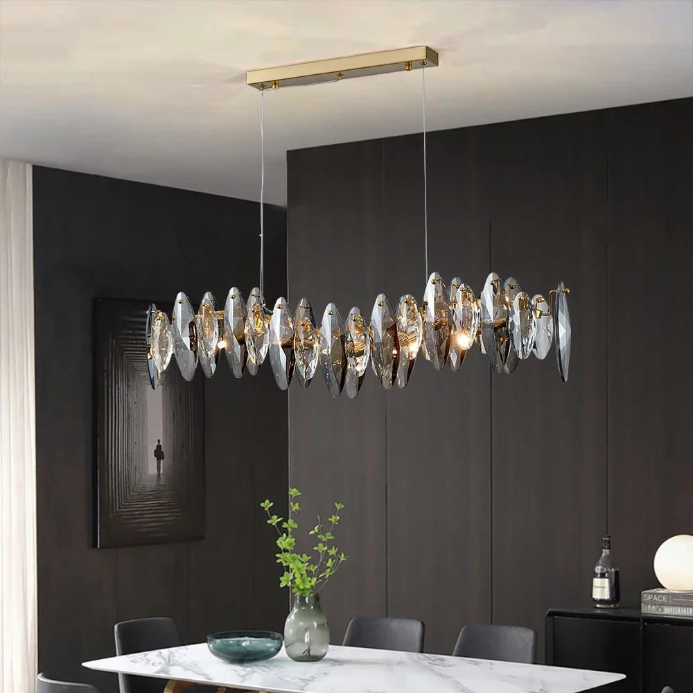 Wave design modern crystal light chandelier for dining room luxury smoky gray cristal lamps brief kitchen island hang lamps