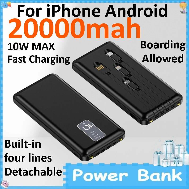 20000mAh Ultra Slim Powerbank Built-in Four Cables Portable Fast Charging Mobile Power Charger for All Phone