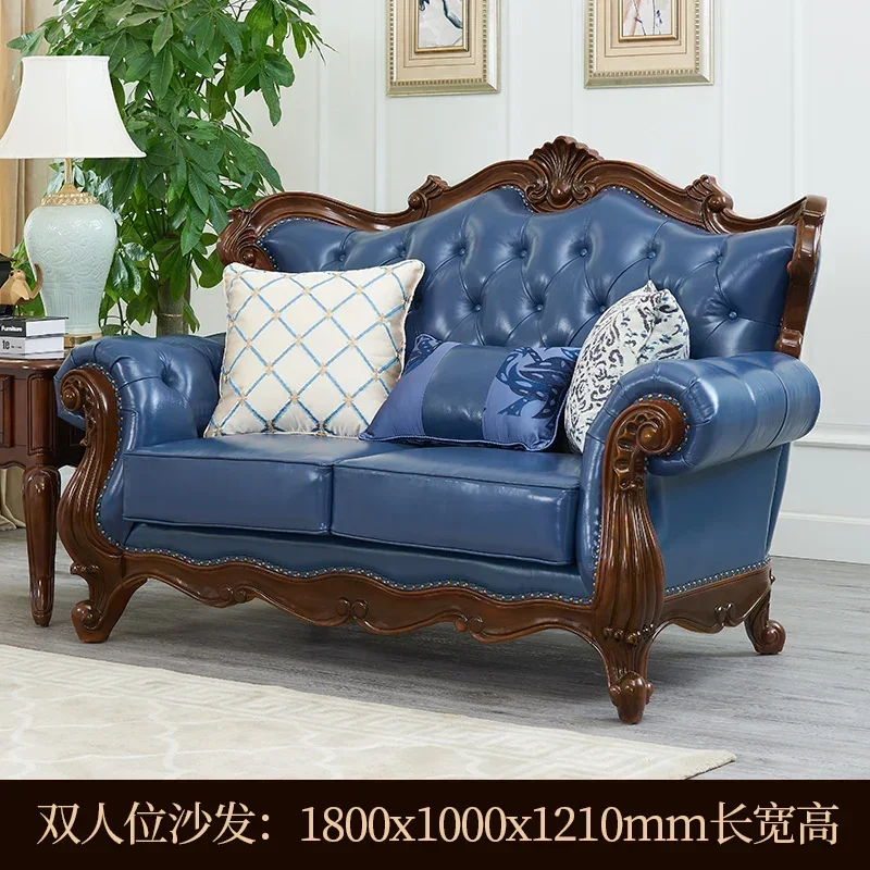 

American all-solid wood cowhide sofa European-style villa large apartment retro high-end leather