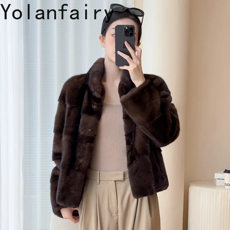 YOLANFAIRY Prawdziwe futra dla kobiet Zimowe luksusowe płaszcze z naturalnego futra norek 2025 Krótka kurtka z futra ze stójką Szara kurtka futrzana Abrigo Mujer