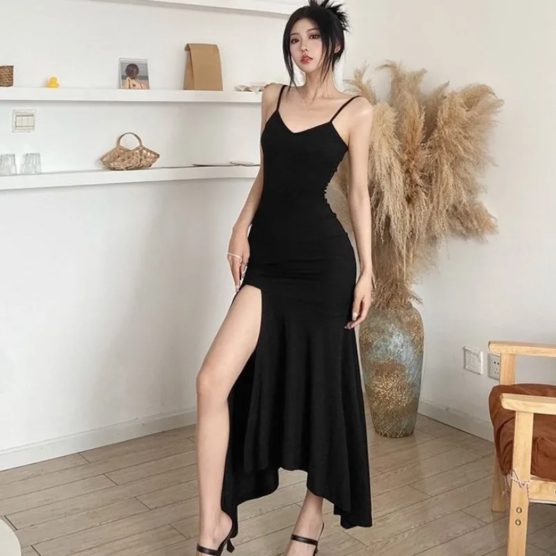 

Sexy Side-slit Dress Women Trumpet Design Club Fashion Chic Irregular Party Summer Hotsweet Slim Spaghetti Straps Solid Vestidos