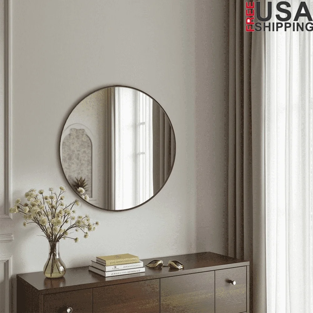 

20-дюймовое круглое настенное зеркало высокого разрешения, рама из алюминиевого сплава, подвесное зеркало для туалетного столика, ванной комнаты, домашний декор для гостиной, спальни