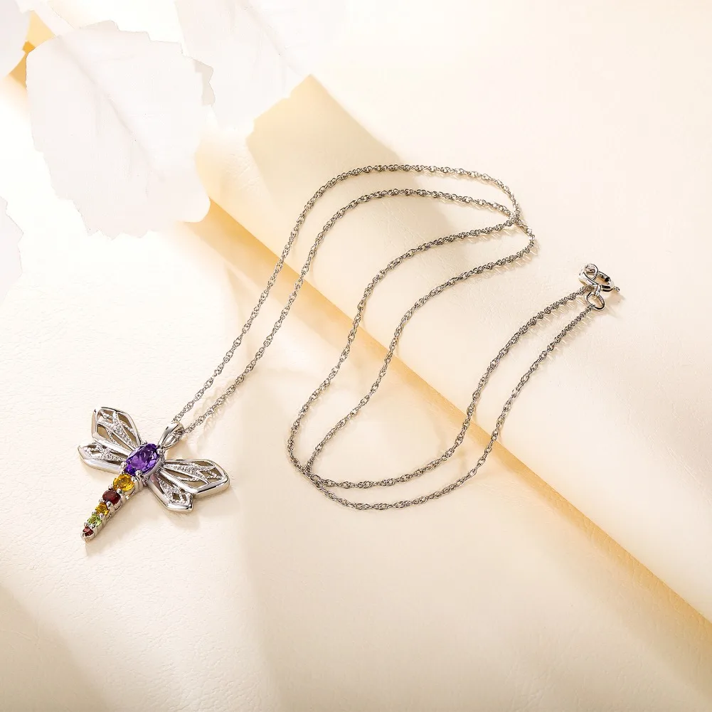 GZ ZONGFA Natural Amethyst 925 Sterling Silver Dragonfly Pendant Necklace Colorful Gems Citrine Insect Neck Chain for Women