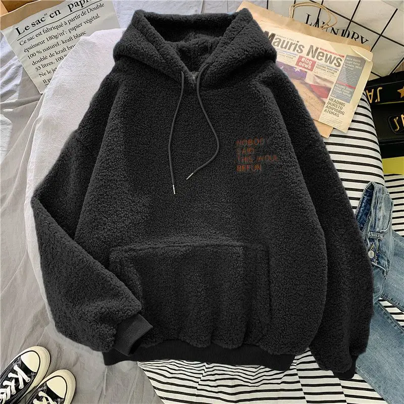 New Autumn Winter Plush Thickened Lamb Fleece Simple Solid Hooded Sweater Women's Fashion Korean Loose Long Sleeve Coat