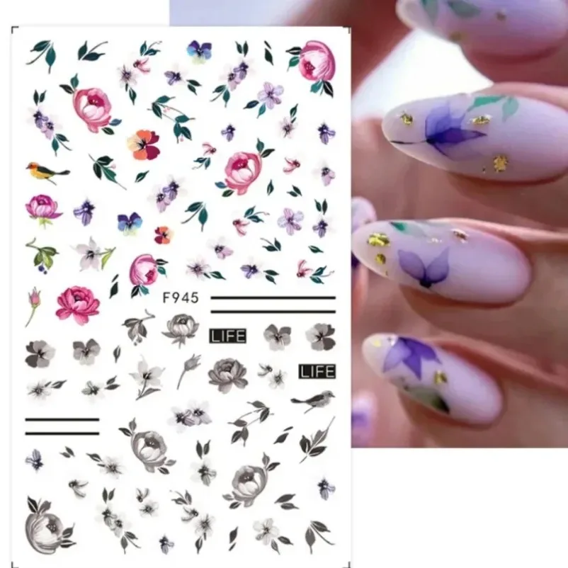 Colorful Flower 3D Nail Stickers Green Leaf Floral Daisy Spring Nail Art Water Decals Sliders Manicure Butterfly Nail Tips Decor