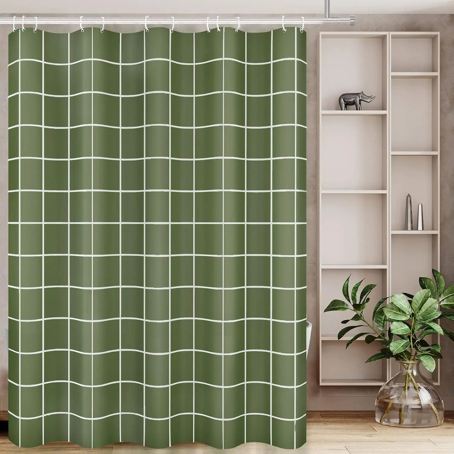 Minimalist Green Plaid Shower Curtain, Water-Repellent Polyester Bath Curtain with Hooks, Simple Grid Curtain Home Bathroom Use