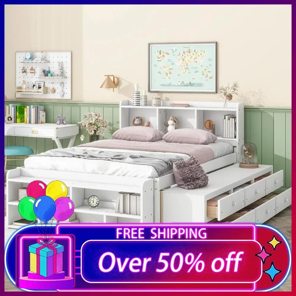 

Full Storage Bed with Bookcase Headboard, Platform Bed with 6 Storage Drawers, Solid Wood Full Bed Frame with Cabinet and Shelf