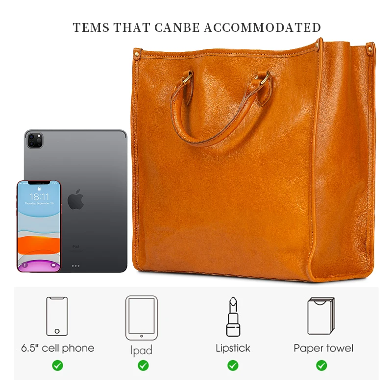 ANGENGRUI New Genuine Leather One Shoulder Handbag Commuter Large Bag Vegetable tanning Cowhide Large Capacity Handheld Tote Bag