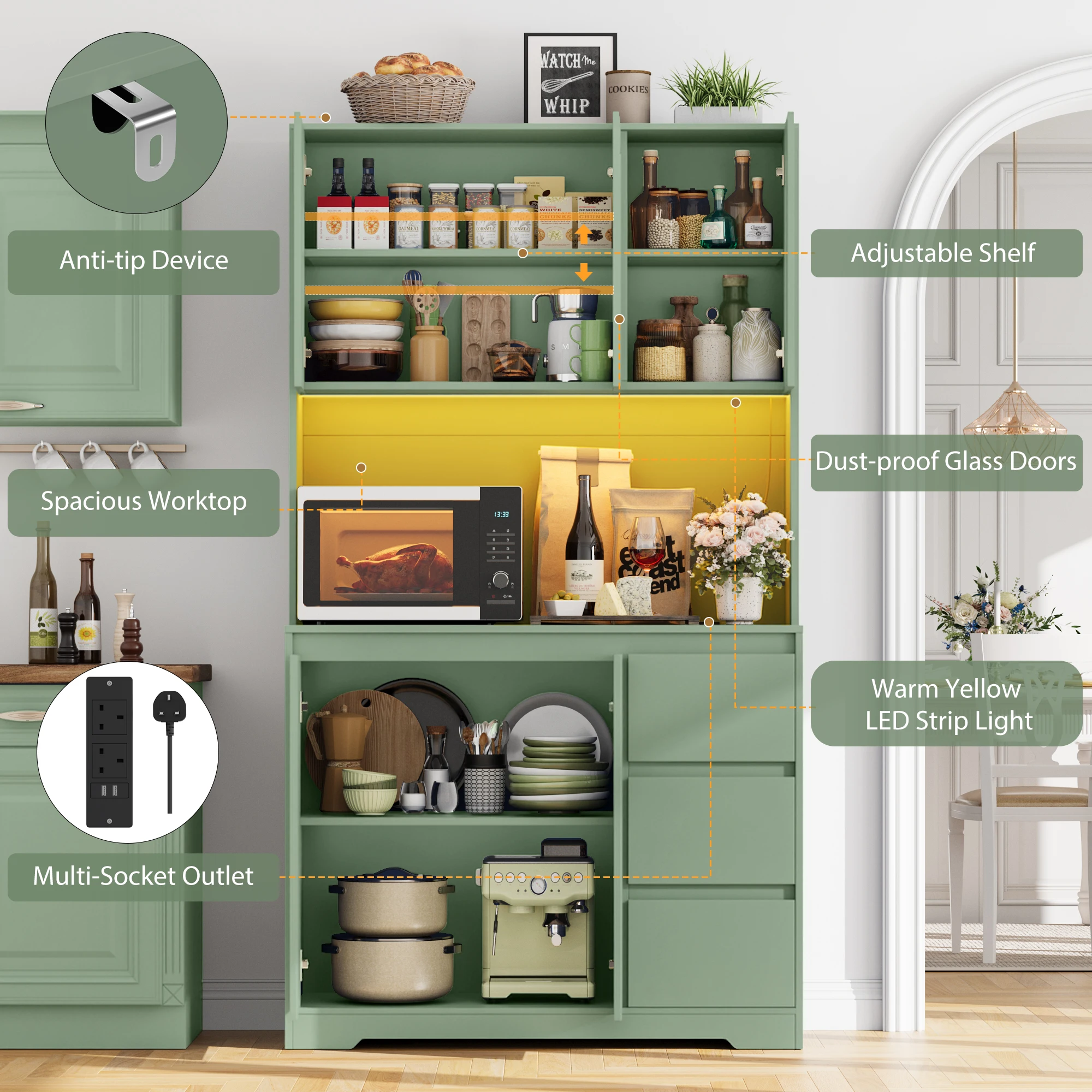 بوفيه مطبخ Getone مع LED، خزانة ملابس المطبخ، خزانة بوفيه مع 3 مقابس للأدراج، رف قابل للتعديل 100 × 38.5 × 180 سم