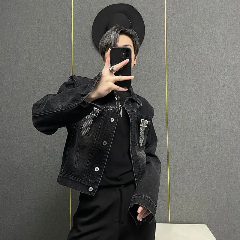 

Short Cowboy Coat for Men Casual Slim Winter Outerwear Fast Delvery Korean Popular Clothes with Rhinestones Denim Jackets Man
