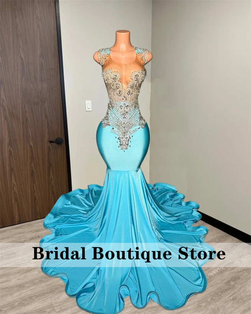 Luxuy Diamonds Prom Dresses 2024 Blue Sparkly Beads Rhinestone Crystal Wedding Reception Party Gown Evening Gowns Customized