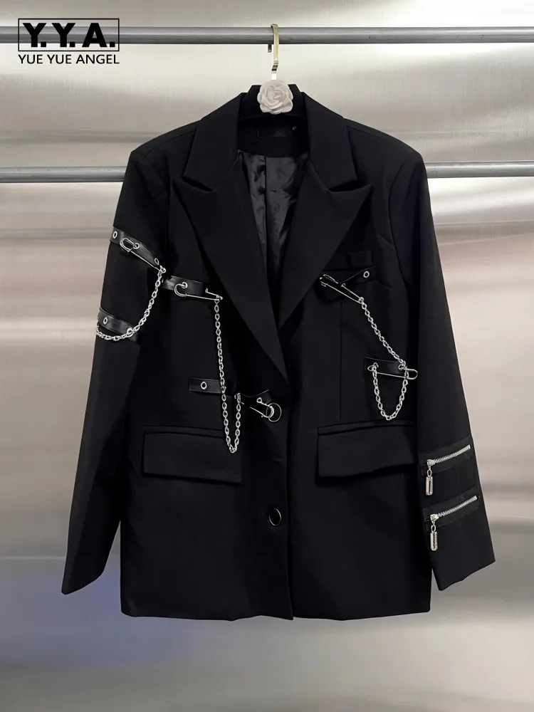 Modeketen Pin Ontwerp Vrouwen Blazers Zwart Jasje Loose Fit Klassieke Schouder Gewatteerde Jas Revers Herfst Banket Bovenkleding