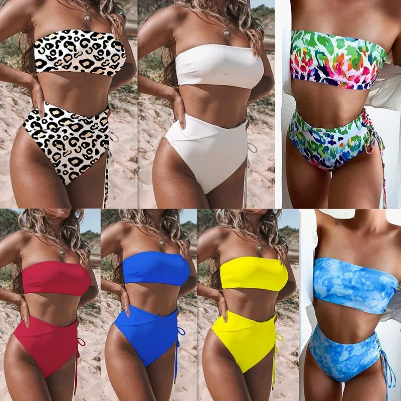 

Swimwear Woman 2026 Bikini Sets For Woman Bikinis High Waist Bottom Leopard Print Swimsuit Bandeau Top Two Piece Swimsuit
