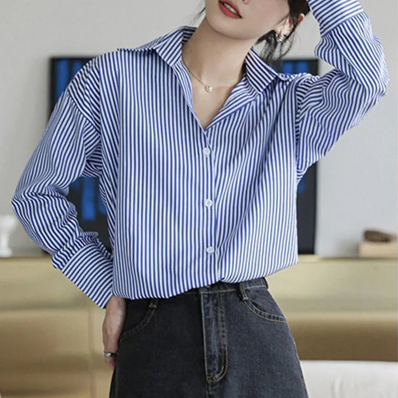 French Style Fashion Casual Original Design Striped Long Sleeved Shirt Autumn Versatile Commuting Vintage Popular Women\'s Top