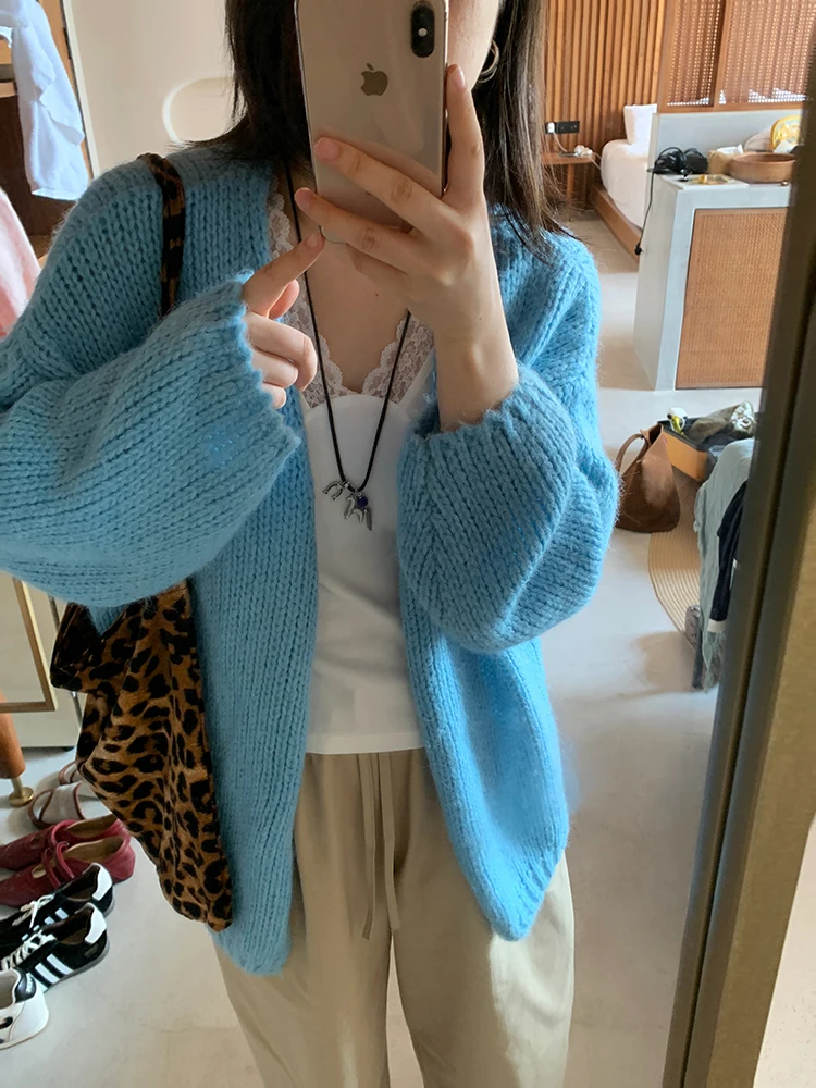 

Шикарный корейский синий шерстяной вязаный кардиган-пальто, повседневный, с длинными рукавами, женский, средней длины, теплый, комфортный, из нейлоновой смеси