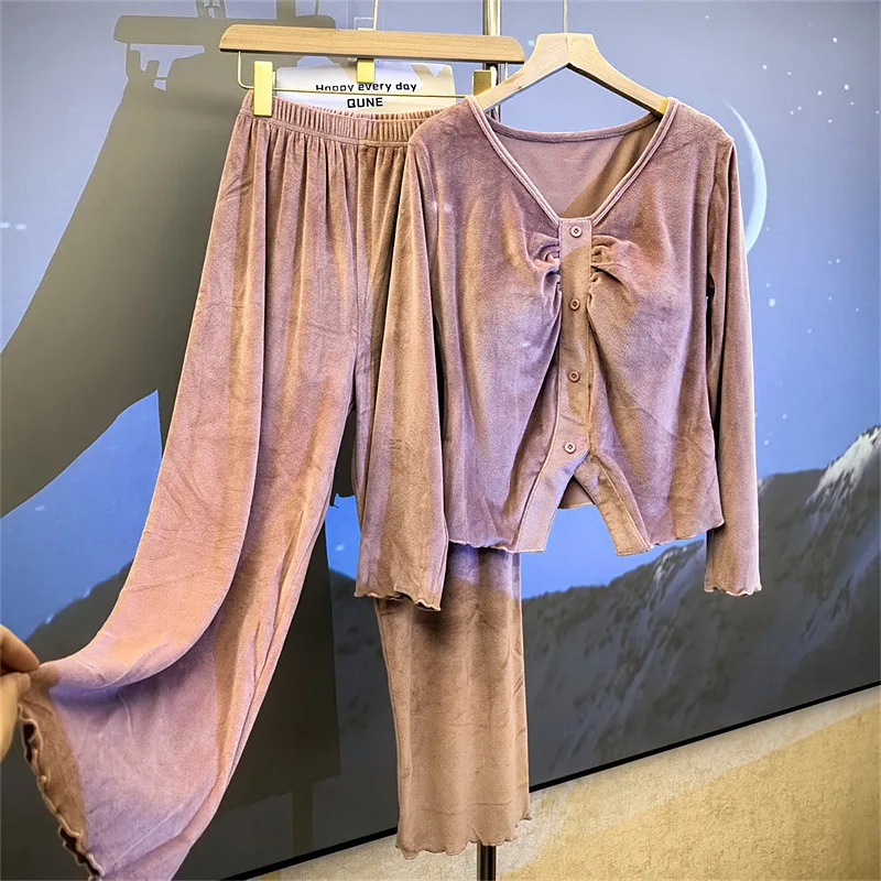 

Pijama Feminino Island Velvet Warm Pajamas Set Woman Korean Elegant Chest Pad Long Sleeve Top Pant Suit Winter Sleepwear Pyjama