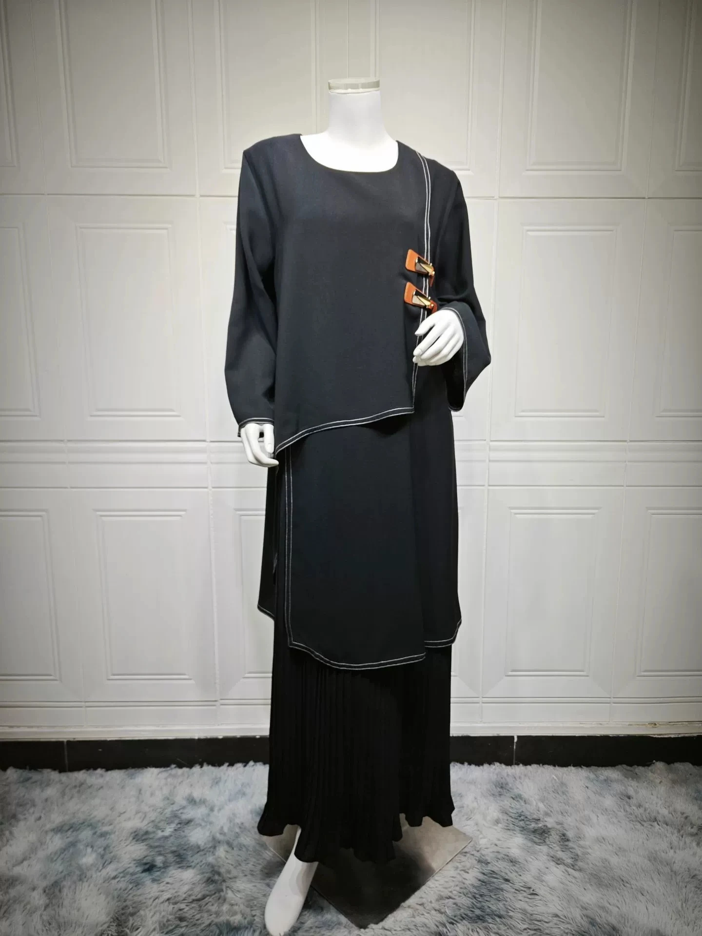 라마단 중동 두바이 사우디 아라비아 풀오버 밑단 패치워크 주름 무슬림 럭셔리 패션 롱 로브 가죽 버클 드레스