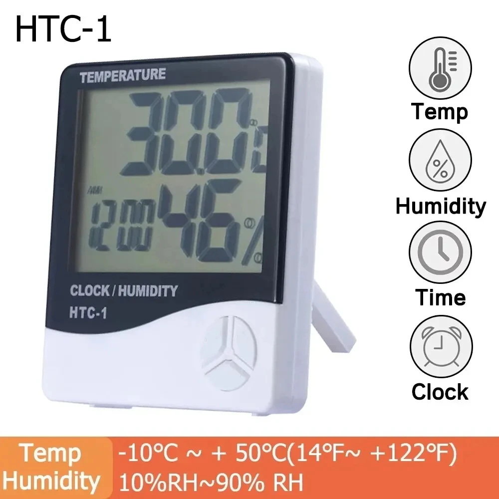 HTC-1 LCD elektroniczny cyfrowy miernik temperatury i wilgotności, termometr domowy, higrometr, zegar stacji pogodowej wewnętrznej i zewnętrznej