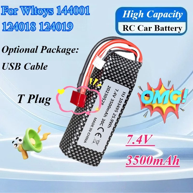 

New 7.4V 3500mAh 30C 2S1P RC Car Battery for Wltoys 144001 124018 124019 with T Plug Upgraded Lipo Battery RC Car Boat Parts