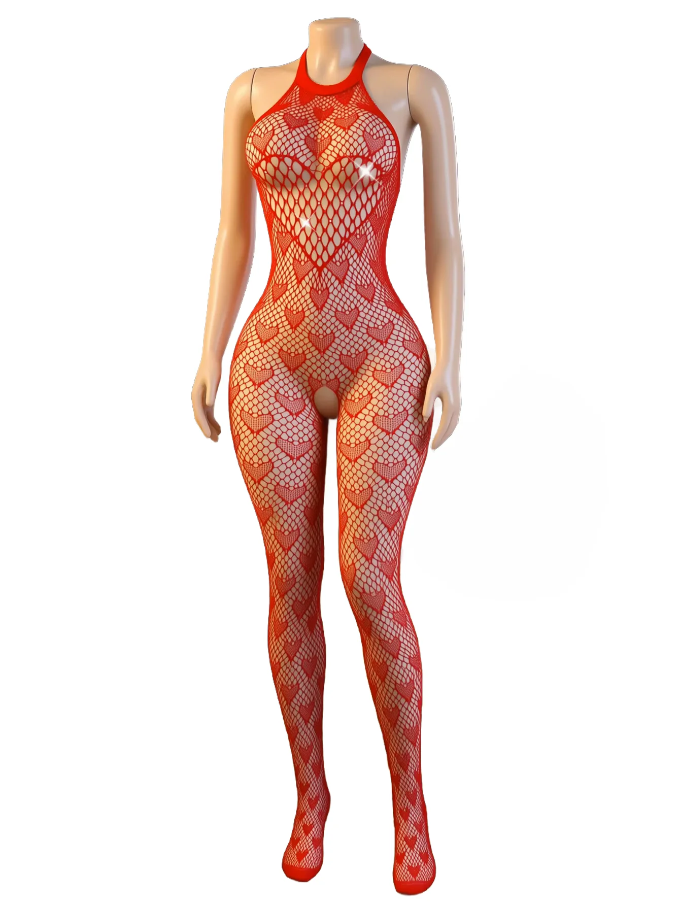 Women Festive Rhinestone Halter Bodysuit, Backless Sheer Heart Print Fishnet Outfit for Holiday Dates (One Size Fits 88-132lbs)