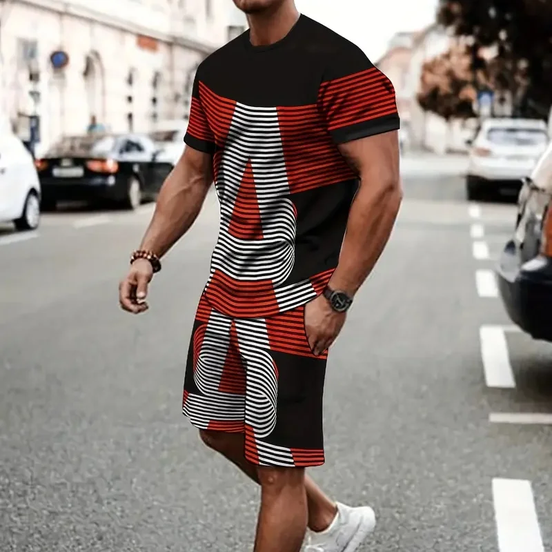 

Весенне-летний мужской повседневный комплект из шорт и футболок с 3D-принтом — короткий рукав, круглый вырез, стандартный крой, эластичная ткань Lei