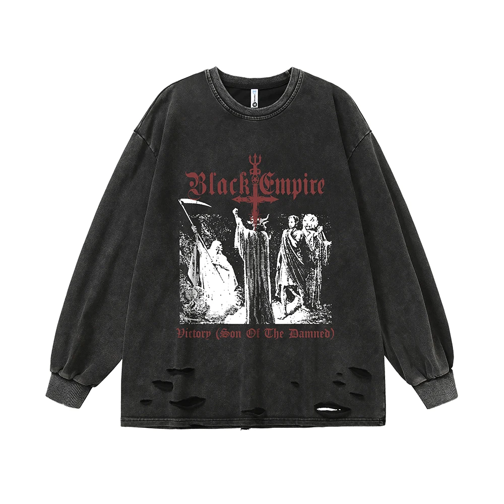 

Black Goth Ripped Holes Retro Unisex Oversize Thin Sweatshirts T Shirt Women Men Hoodies Y2k Grunge Clothes Cotton Harajuku Tops