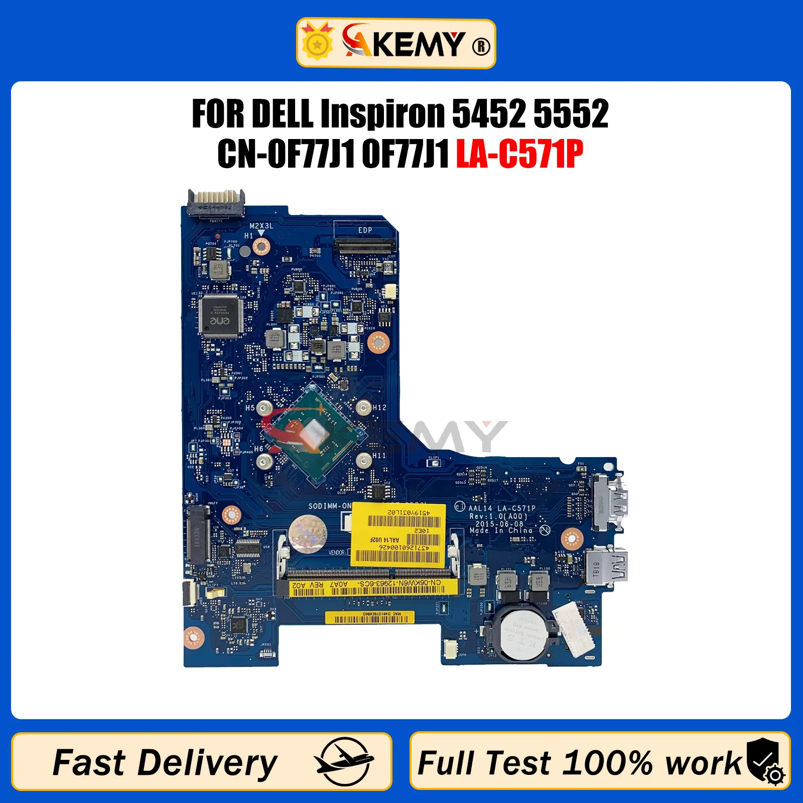 AKEMY Laptop motherboard For DELL Inspiron 5452 5552 Pentium N3050 N3700 CPU Mainboard CN-0F77J1 0F77J1 LA-C571P 100% tested ok