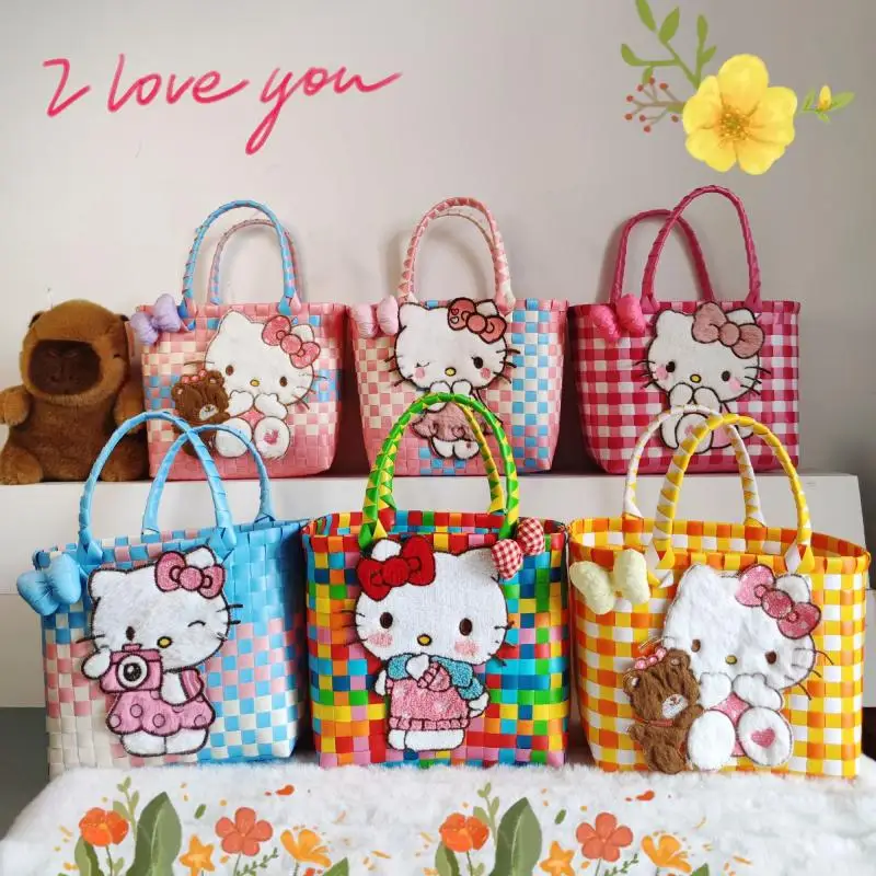 

Новая милая сумка Hello Kitty с ручным плетением, аниме Kawaii Tote, большая вместительная портативная сумка для отдыха с героями мультфильмов, подарок на день рождения, сумка для закусок